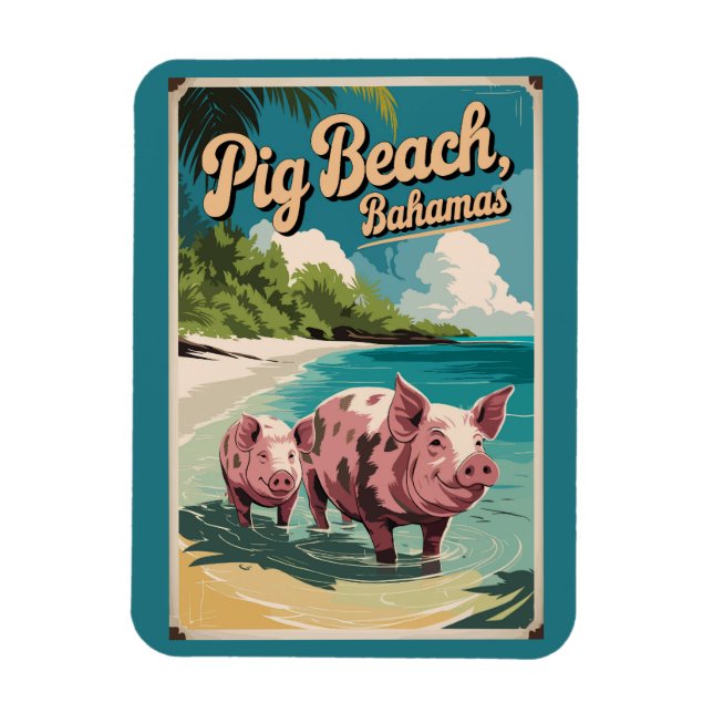 Pig Beach Bahamas Travel Art Vintage Magnet (Vertical)