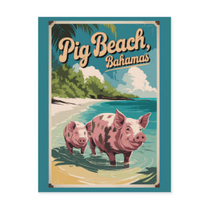 Pig Beach Bahamas Travel Art Vintage Postcard