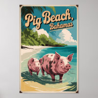 Pig Beach Bahamas Travel Art Vintage
