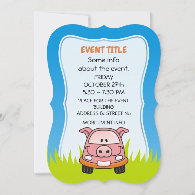 Pig Cartoon Car Invitation (Back)