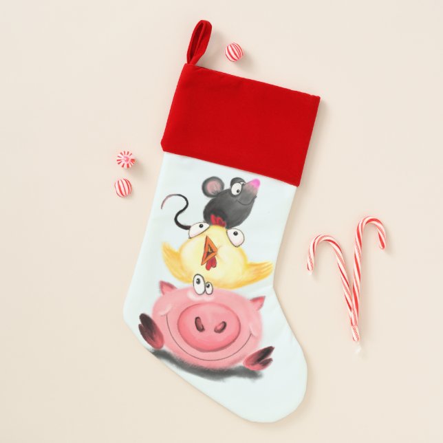 Pig Chicken and Mouse Friends Christmas Stocking (Front)