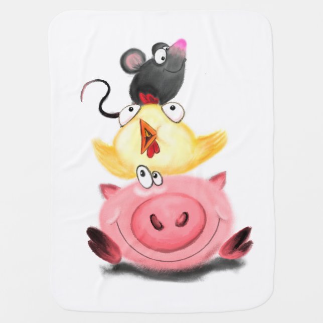 Pig Chicken and Mouse Friends Funny Baby Blanket (Front)