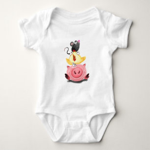 Pig Chicken and Mouse Friends Funny Baby Bodysuit