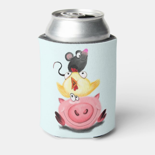 Pig Chicken and Mouse Friends Funny Can Cooler (Can Back)