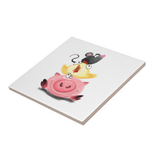 Pig Chicken and Mouse Friends Funny Ceramic Tile