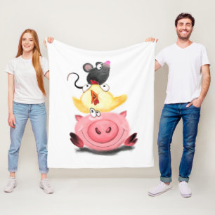 Pig Chicken and Mouse Friends Funny Fleece Blanket