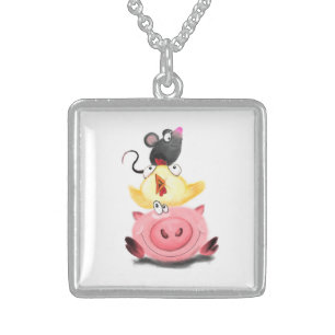 Pig Chicken and Mouse Friends Funny Necklace
