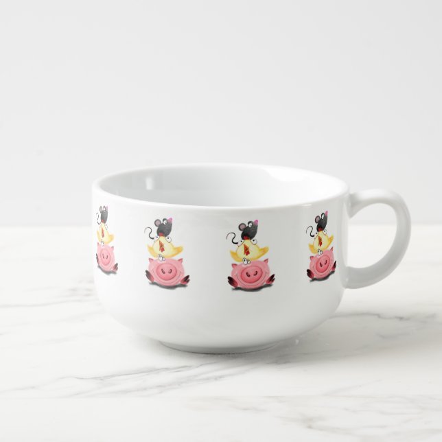 Pig Chicken and Mouse Friends Funny Soup Mug (Left)