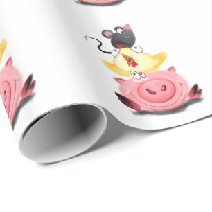 Pig Chicken and Mouse Friends Funny Wrapping Paper