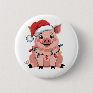 Pig Christmas Santa Hat Xmas Holiday Xmas Pigmass Button