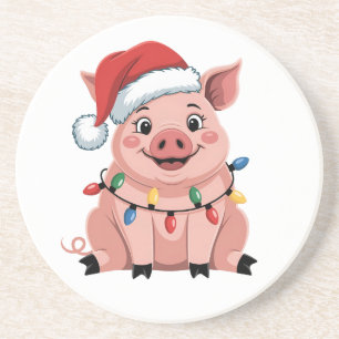 Pig Christmas Santa Hat Xmas Holiday Xmas Pigmass Coaster