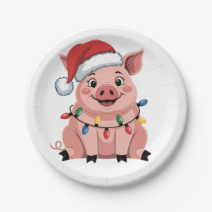 Pig Christmas Santa Hat Xmas Holiday Xmas Pigmass Paper Plates