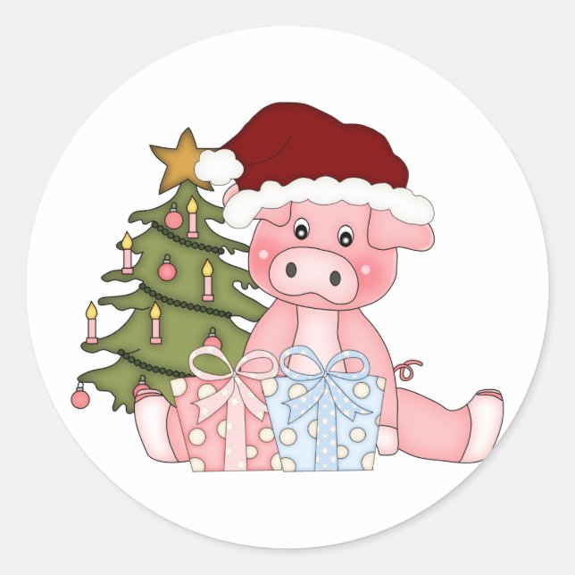 Pig & Christmas Tree Classic Round Sticker (Front)