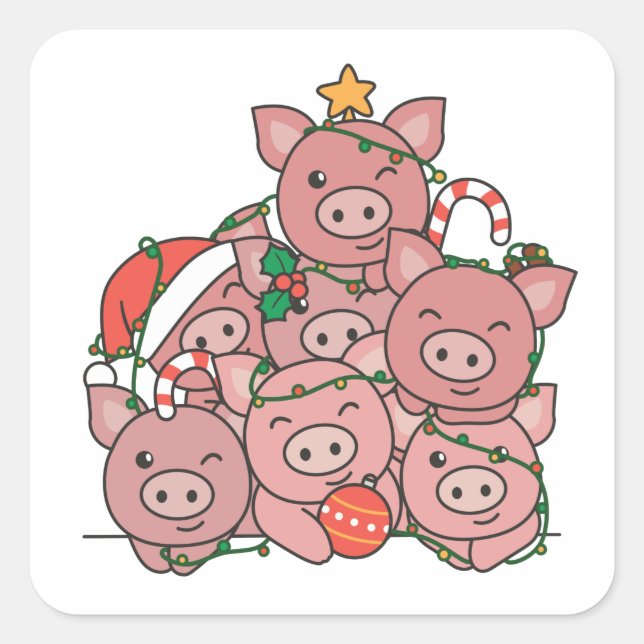 Pig Christmas Tree Funny Animal Christmas Square Sticker (Front)