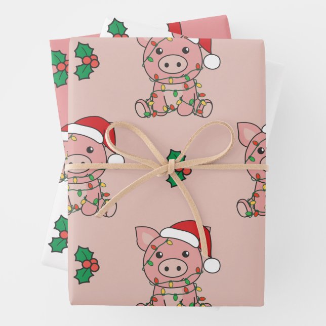 Pig Christmas Winter Animals Holiday Pigs Wrapping Paper Sheets (In situ)