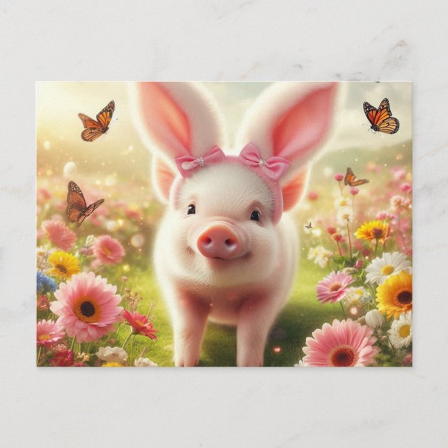Pig Dressed as Easter Bunny Holiday Postcard (Front)