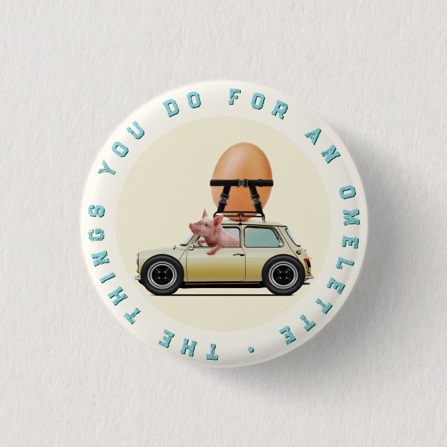 Pig Driving Car with Giant Egg – Whimsical Fun  Button (Front)
