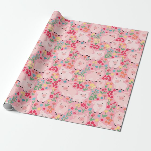 Pig Farm Animal Floral Rustic Birthday Party Wrapping Paper (Unrolled)