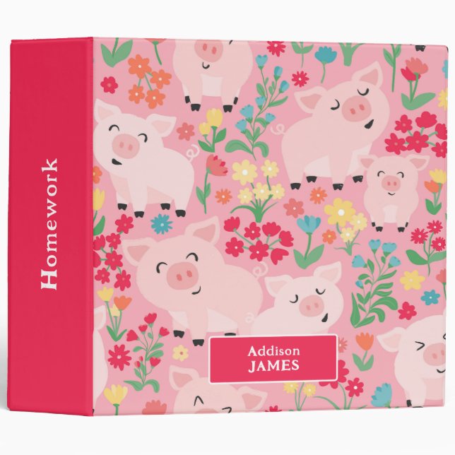 Pig Farm Animal Floral Rustic Personalized 3 Ring Binder (Front/Spine)