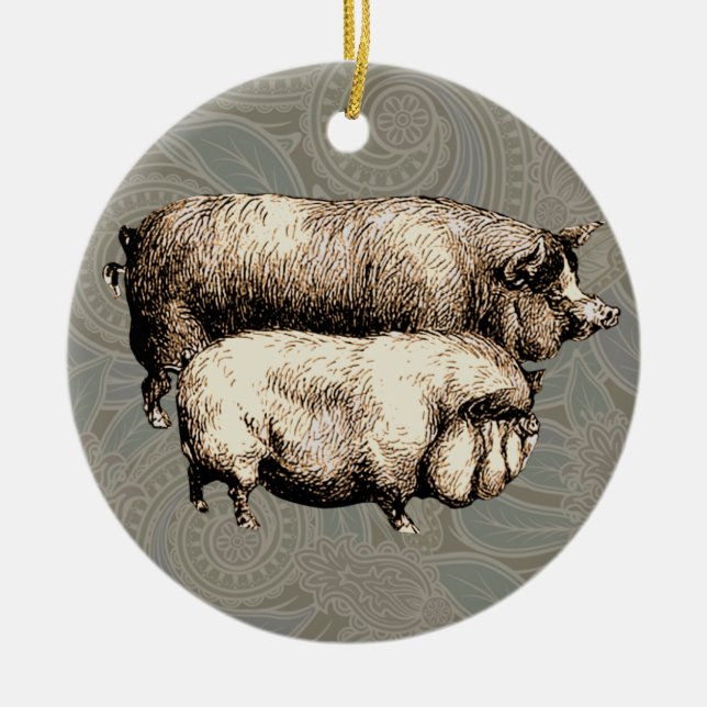 Pig Farm Country Antique Illustration Art Ceramic Ornament (Front)