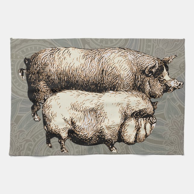Pig Farm Country Antique Illustration Art Kitchen Towel (Horizontal)