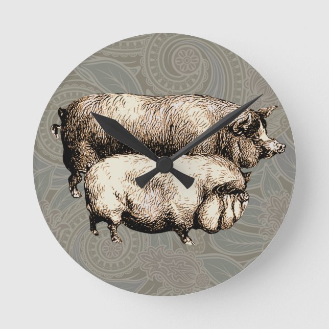 Pig Farm Country Antique Illustration Art Round Clock (Front)