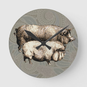 Pig Farm Country Antique Illustration Art Round Clock