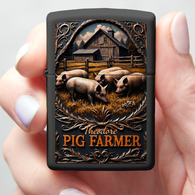 Pig Farmer Pigs Foraging Rustic Barn Zippo Lighter (In Hand)