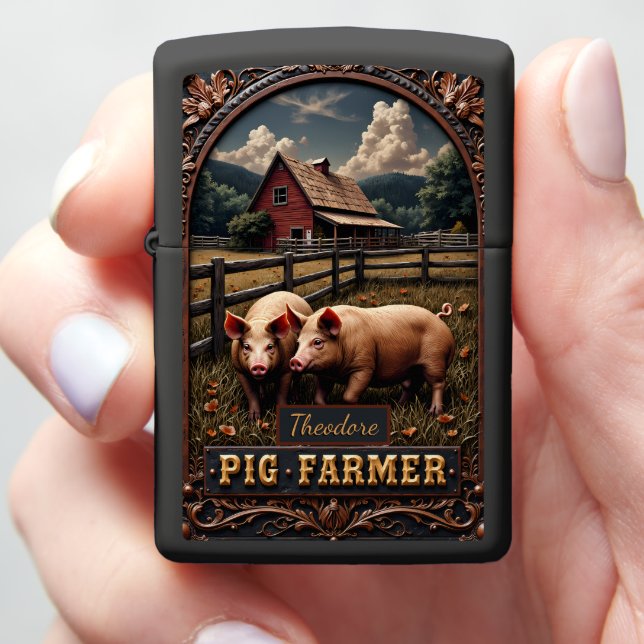 Pig Farmer Pigs Red Barn Pasture Zippo Lighter (In Hand)