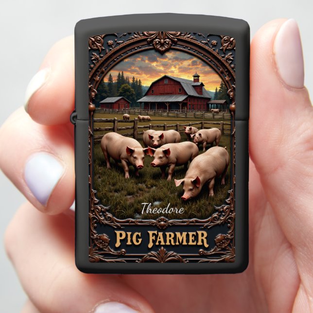 Pig Farmer Pigs Red Barn Sunset Zippo Lighter (In Hand)