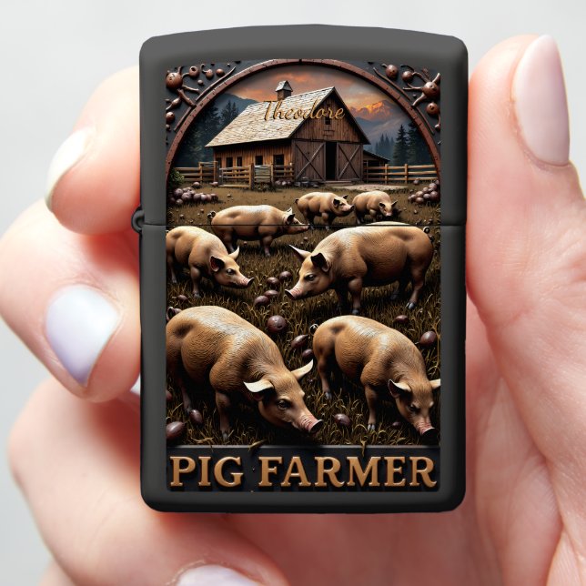 Pig Farmer Pigs Rustic Wooden Barn Evening. Zippo Lighter (In Hand)
