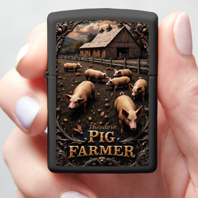 Pig Farmer Pigs Rustic Wooden Barn Zippo Lighter (In Hand)