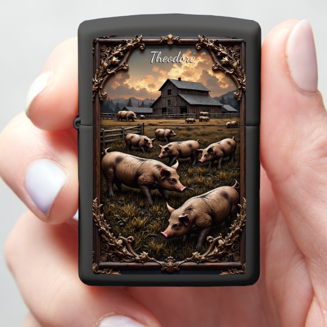 Pig Farmer Pigs Weathered Barn Zippo Lighter (In Hand)