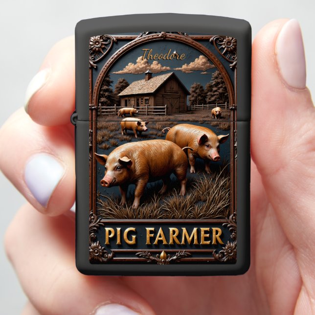 Pig Farmer Pigs Wooden Barn Cloudy Night Zippo Lighter (In Hand)