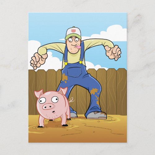 Pig Farmer Sneaking up On Pig Postcard