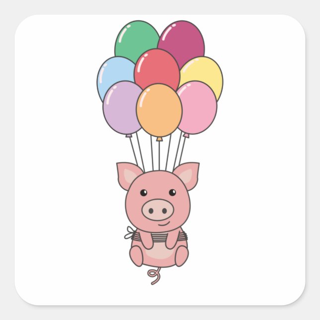 Pig Flies Up With Colorful Balloons Square Sticker (Front)