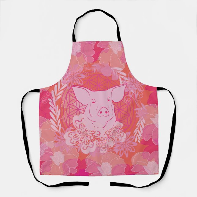 pig,flower of life, blue, mandala,zen,chakra,patt apron (Front)