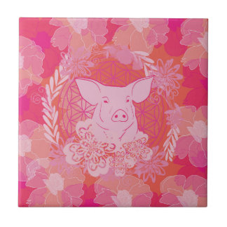 pig,flower of life, blue, mandala,zen,chakra,patt ceramic tile