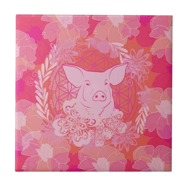 pig,flower of life, blue, mandala,zen,chakra,patt ceramic tile (Front)