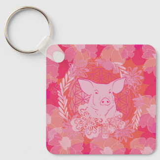pig,flower of life, blue, mandala,zen,chakra,patt keychain