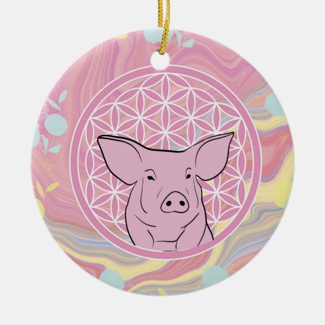 pig,flower of life, rose, mandala,zen,chakra, ceramic ornament (Front)