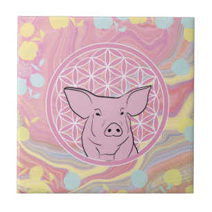 pig,flower of life, rose, mandala,zen,chakra, ceramic tile