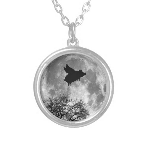 pig flying across the full moon necklace