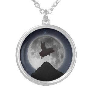 Pig flying across the full moon silver plated necklace