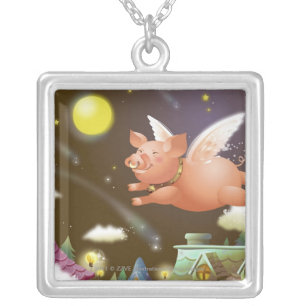 Pig flying in the sky silver plated necklace