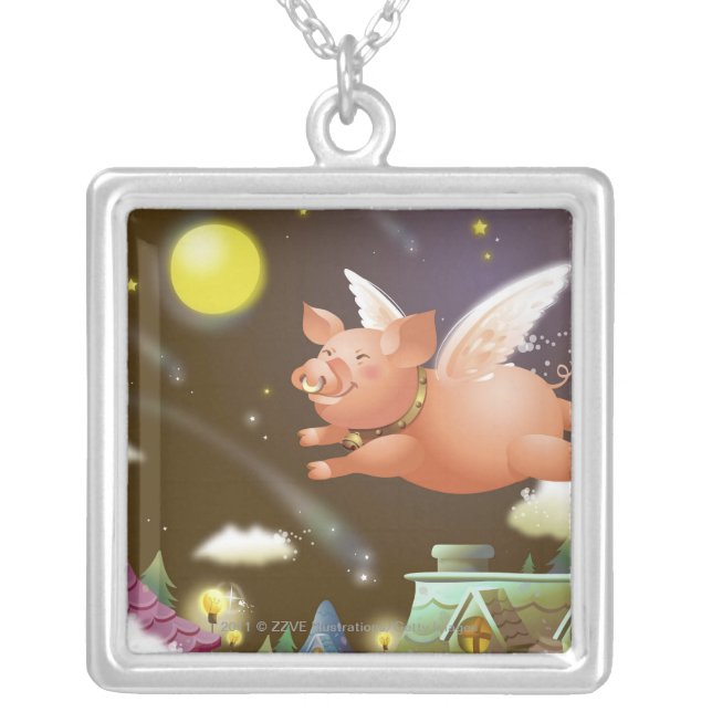 Pig flying in the sky silver plated necklace (Front)