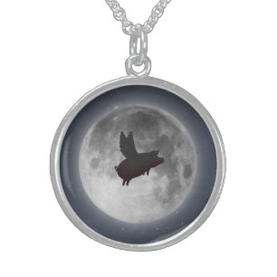 Pig flying past full moon necklace