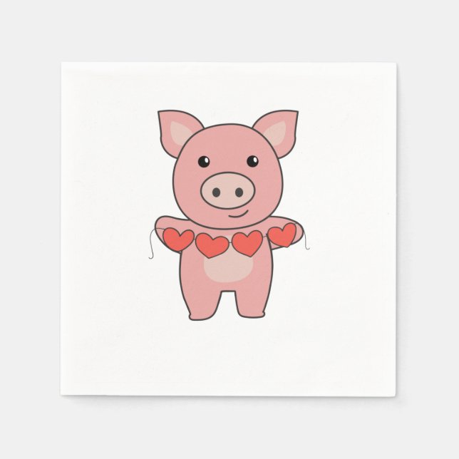 Pig For Valentine's Day Cute Animals With Hearts Napkins (Front)