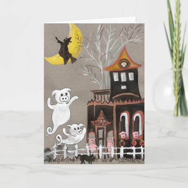 Pig Ghosts Haunted House Halloween CARD