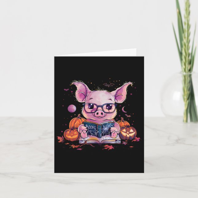 Pig Halloween Costume Pumpkin Witchcraft Book Read Card (Front)
